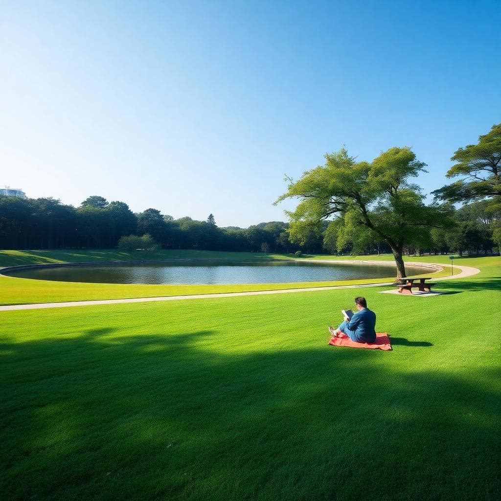 中央公園草坪與湖畔步道，AI 生成的寧靜散步場景