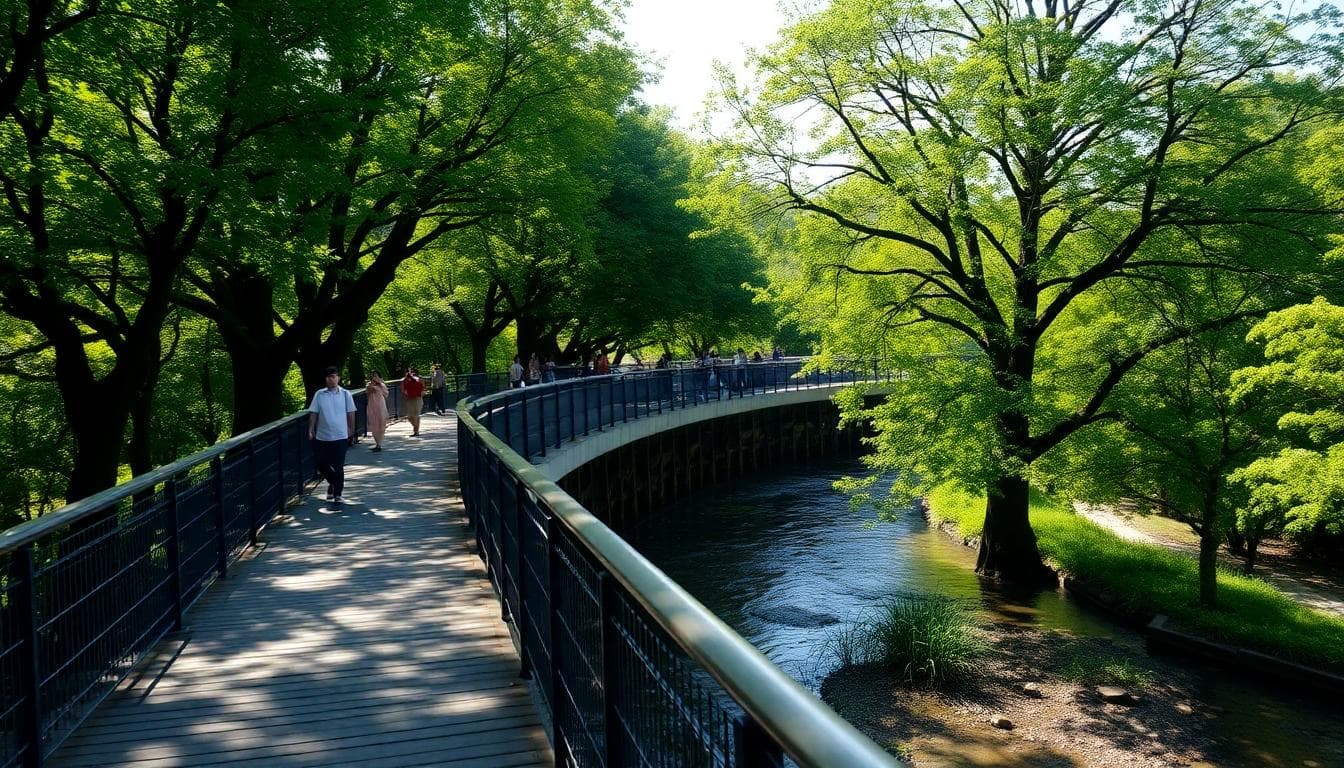 A serene walking path along the Green Sky Rail 1908 in Taichung, with lush green trees lining both sides of the elevated walkway, overlooking the gentle flow of the Luchuan River with clear water and waterside plants.