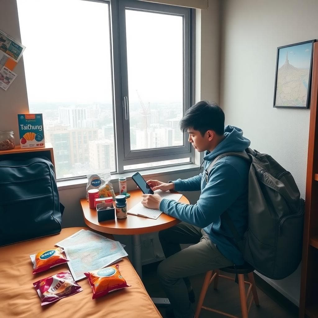 A backpacker sitting at a small table in a Taichung hostel, managing budget with a notebook and phone, surrounded by travel maps and snacks, in a cozy room with natural light, realistic style, warm atmosphere, detailed elements like Taiwanese snacks and city view outside window.
