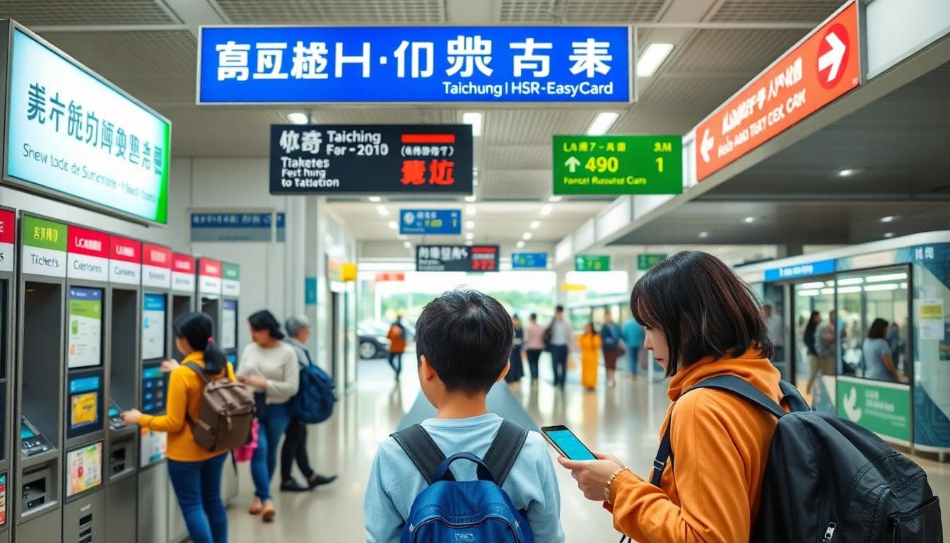 A practical scene at Taichung HSR station showing travelers buying tickets at machines, using EasyCard for buses, and checking transfer schedules on apps, in a bright and organized atmosphere with clear signage and people moving smoothly.