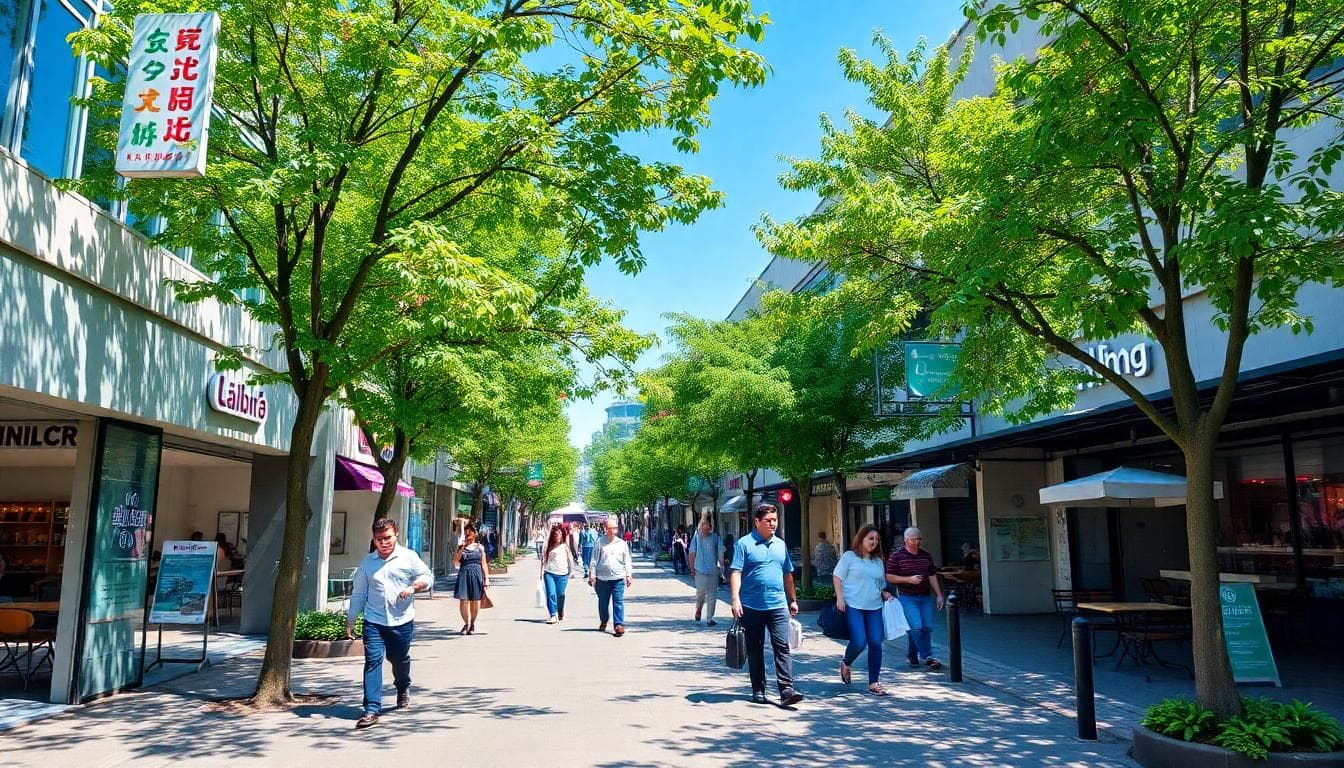 A bustling yet relaxed shopping street in Taichung's Lalu Kabu area, with people walking leisurely under green trees lining the path, modern stores and cafes on both sides, vibrant daytime atmosphere, clear blue sky, wide sidewalk for strolling, no text or watermarks, in a realistic style with natural lighting and urban greenery.