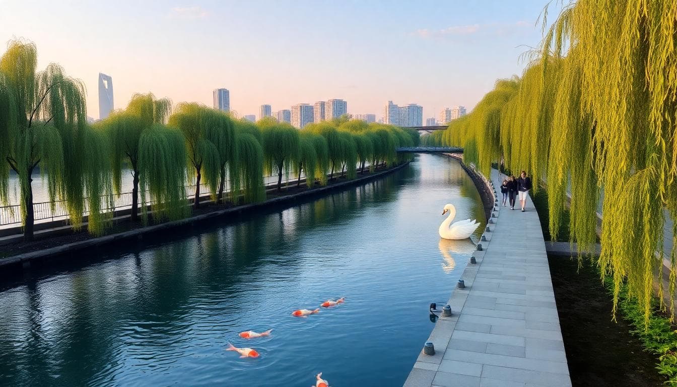 A serene riverside walkway along Liu Chuan in Taichung, Taiwan, featuring clear blue water with koi fish and lush green willow trees