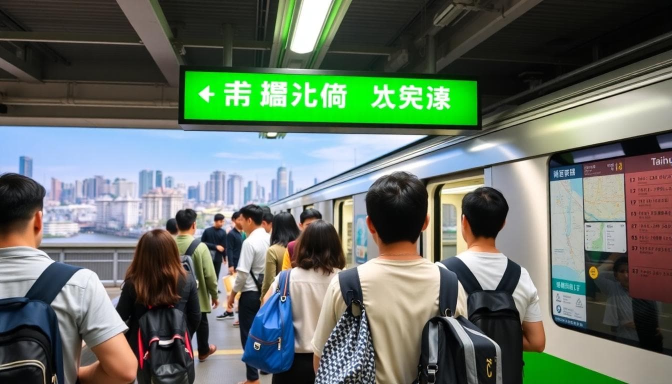 旅客在台中捷運綠線車站登上列車，車廂明亮，背景有城市景觀和地圖指示