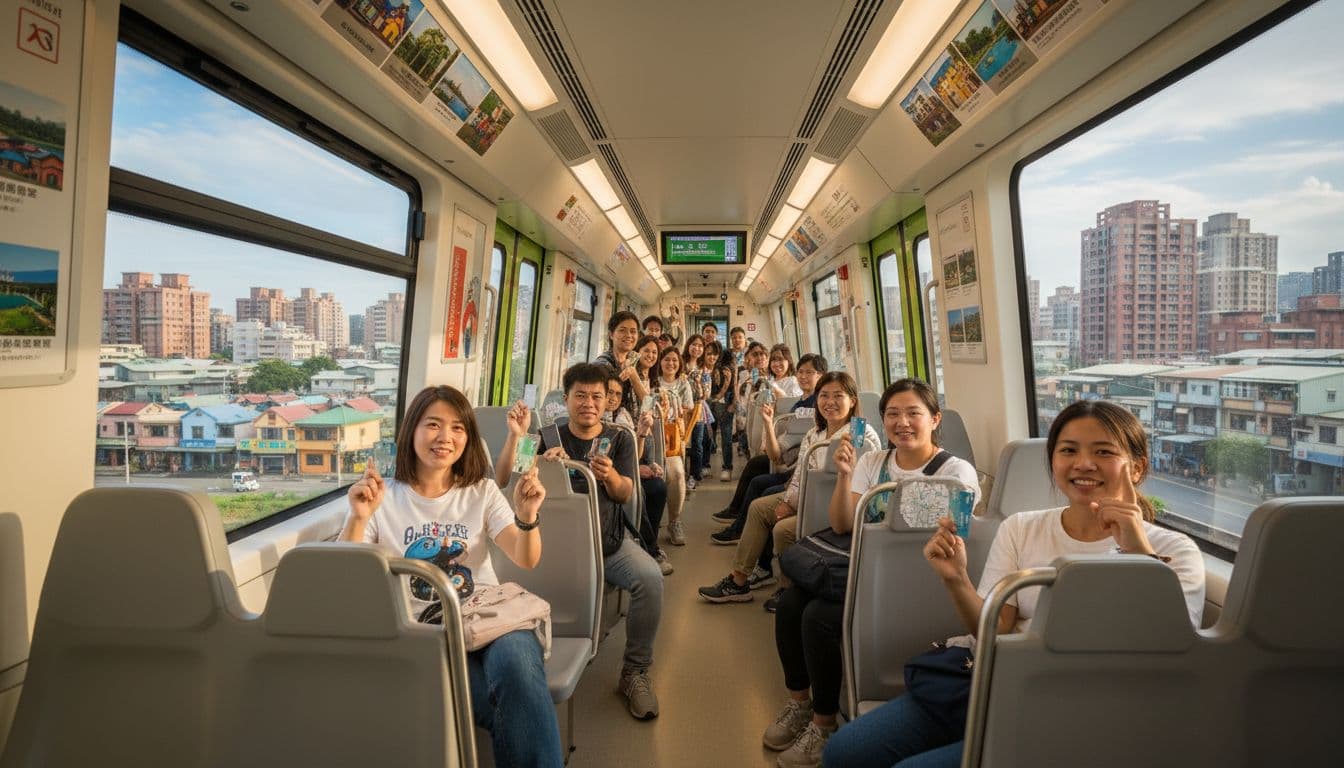 一群旅客在台中捷運綠線車站內搭乘列車，車廂明亮舒適，人們手持票券或手機看地圖