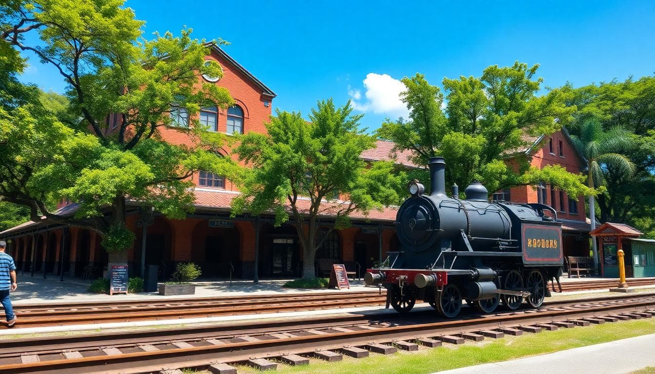 A detailed view of the Taichung Railway Cultural Park, featuring the historic Japanese colonial era architecture of the old train station building with red brick walls and arched windows, surrounded by green trees and a vintage self-strengthening train locomotive on tracks in the foreground.