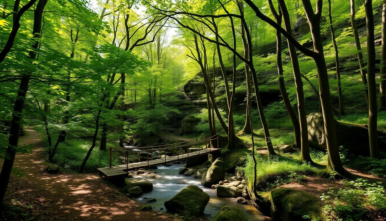 A peaceful forest trail leading to a bat cave in Taichung's Taiping district, lush green trees lining the path, a wooden suspension bridge over a clear stream, sunlight filtering through the canopy creating dappled light on the ground, natural rock formations nearby, serene and inviting atmosphere, high-resolution realistic photograph, Taiwan subtropical forest in spring, no text