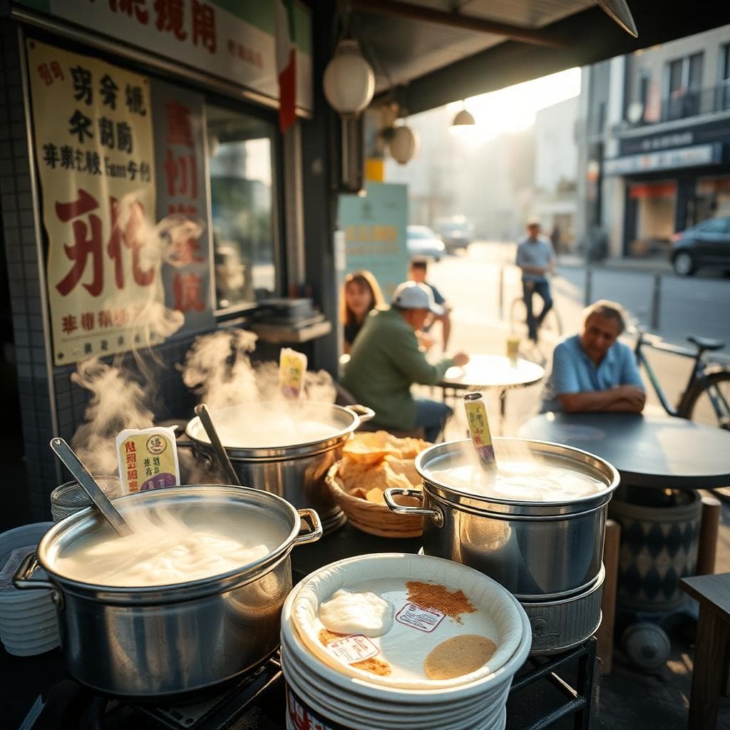 A vibrant street breakfast stall in Taichung, Taiwan, with steaming pots of salty soy milk and fresh scallion pancakes being prepared
