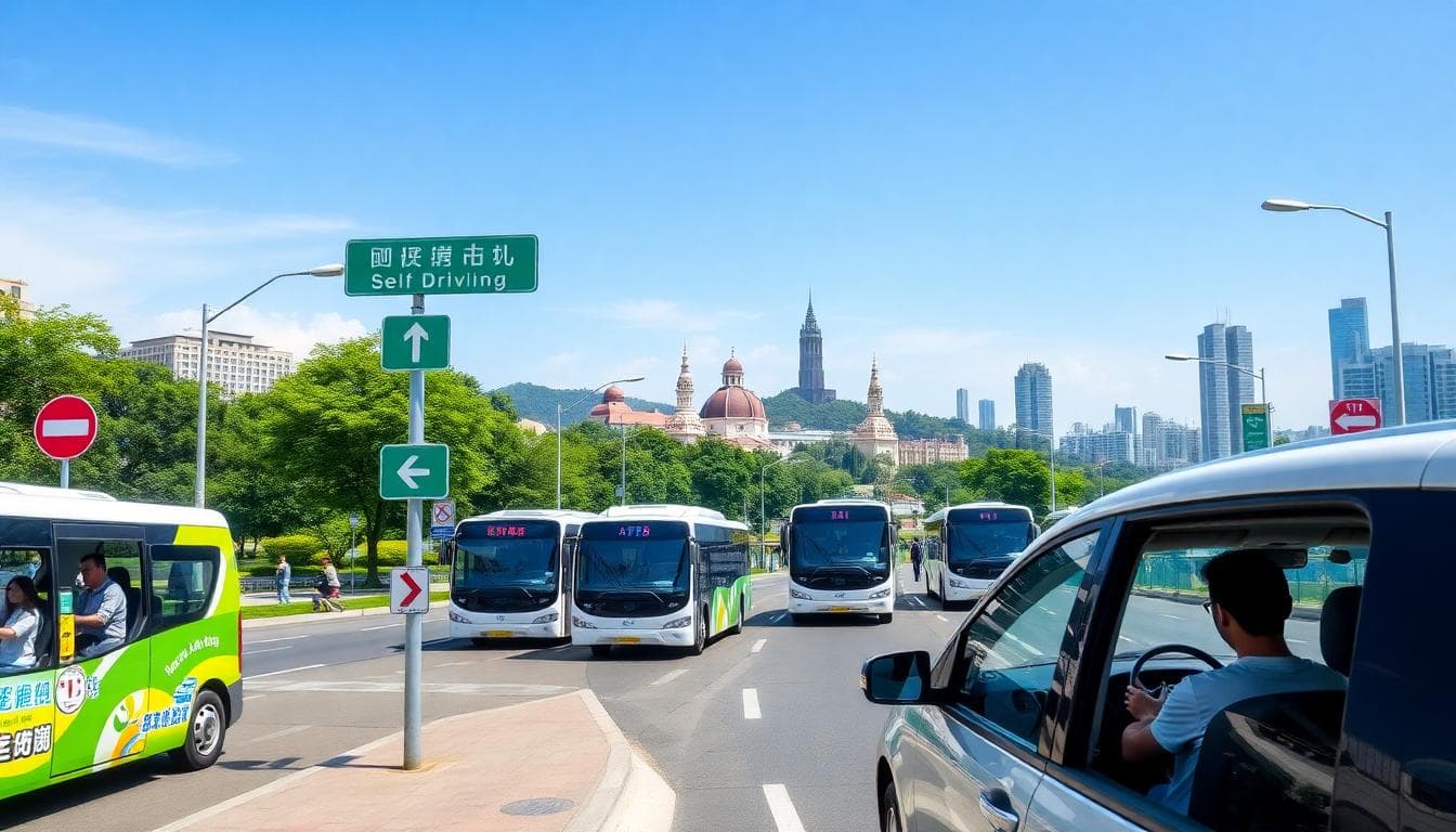 台中城市景觀與交通場景，包含自駕與公車元素，圖像由 AI 生成
