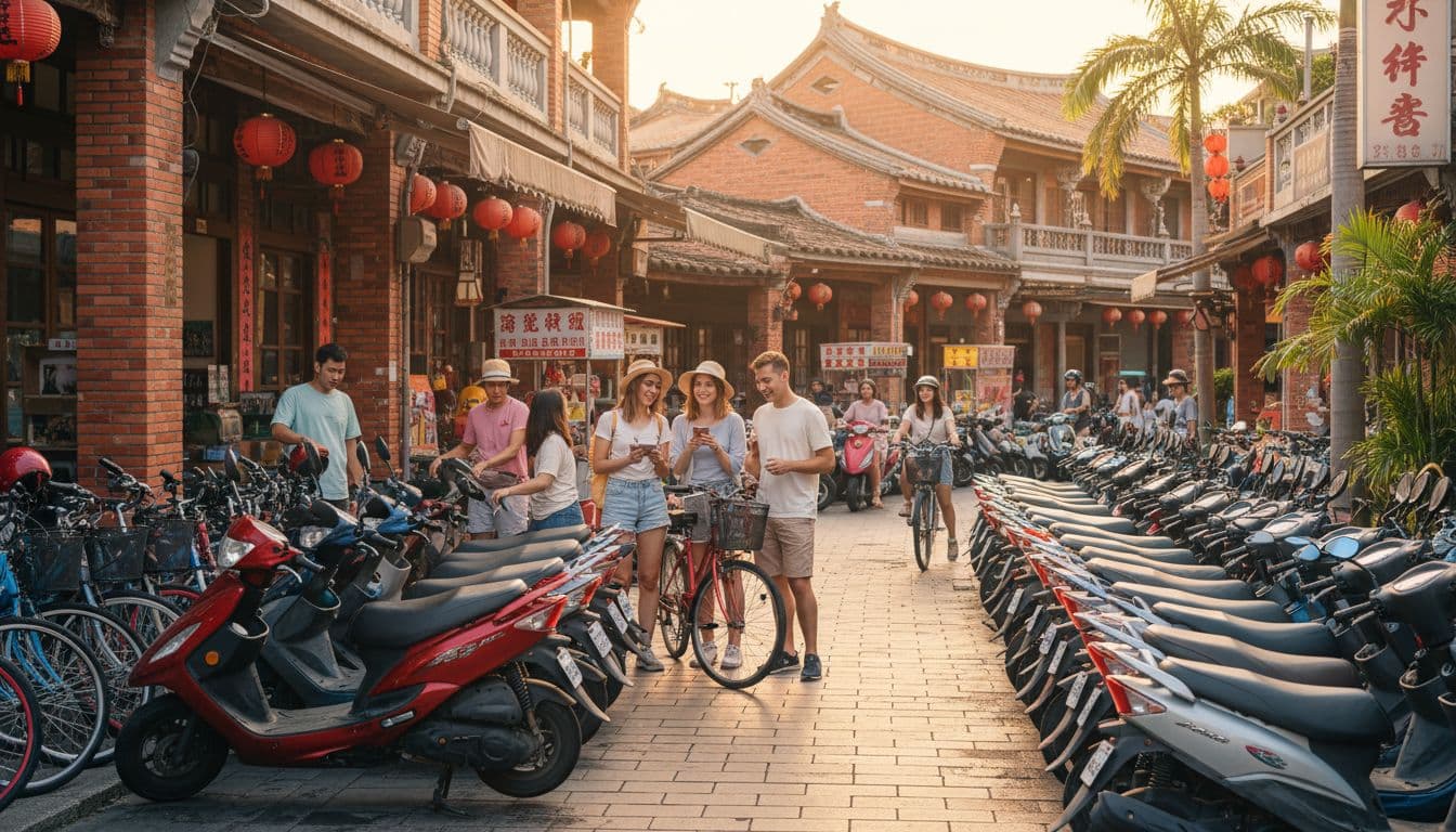 台南遊客在安平老街附近租借機車和自行車的陽光日子,背景有傳統建築,人們查看手機地圖,街頭充滿活力。