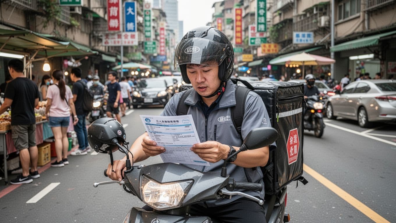A Taiwanese delivery rider pauses his scooter on a busy Taipei street to review his third-party liability insurance document, helmet on handlebar, surrounded by urban traffic and vendors in realistic daytime photo.