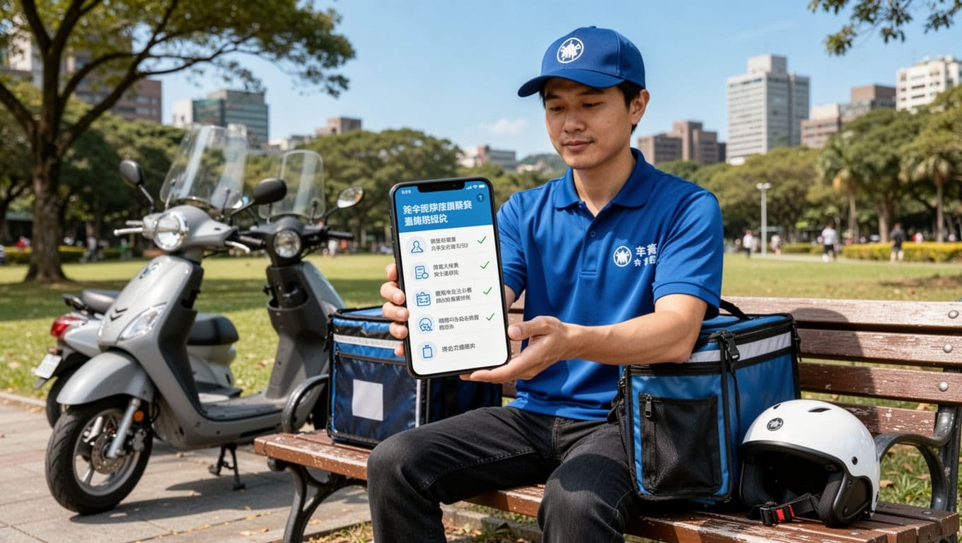 外送員勞保年資與級距規劃:退休保障從這裡開始 A Taiwanese food delivery worker sits on a park bench beside his parked scooter in Taipei, holding a smartphone displaying an abstract checklist app for monthly labor insurance self-audit with simple icons.