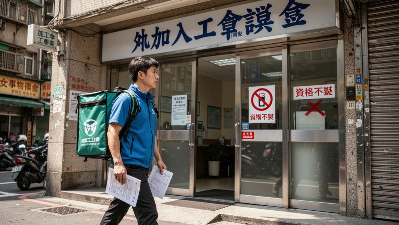打零工族加入工會最常卡關:資格認定與工作證明 A confident delivery worker approaches a union building door in sunny Taipei streets, confronted by a red prohibition sign symbolizing gig worker ineligibility. Realistic style with a frustrated solitary figure holding documents.