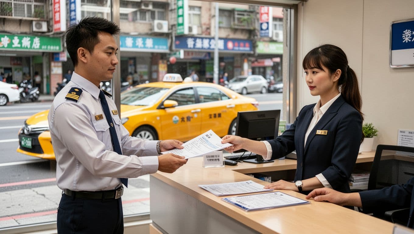 計程車司機勞保投保全指南:工會、車行、平台選項比較 A Taiwanese taxi driver in professional uniform stands at a car rental company counter in Taipei, handing contract documents to a staff member, with a yellow taxi visible through the office window.