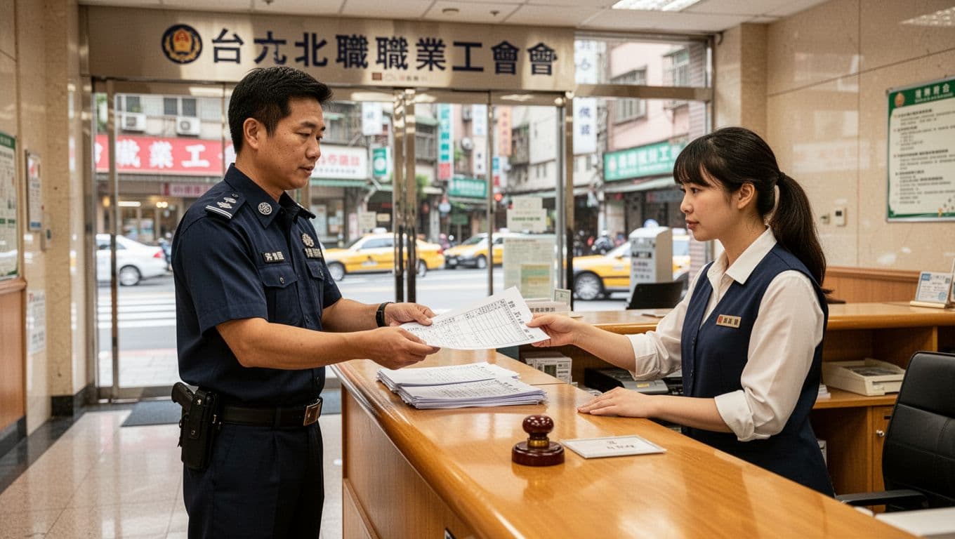計程車司機勞保投保全指南:工會、車行、平台選項比較 A uniformed taxi driver stands at the Taipei professional union counter, naturally handing paper forms to a female staff member with minimal items on the desk and a background view of city streets through hall windows, in a warm, bright realistic photography style.