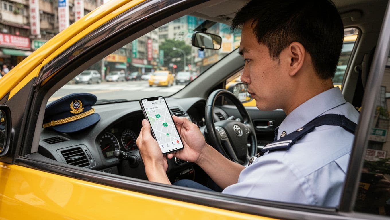 計程車司機勞保投保全指南:工會、車行、平台選項比較 A Taiwanese taxi driver in uniform sits in the driver's seat of a yellow taxi, focused on his smartphone displaying a simple map and order icons for a ride-hailing app. Through the car window, Taipei city streets and buildings are visible in a bright, realistic photography style with natural daylight.