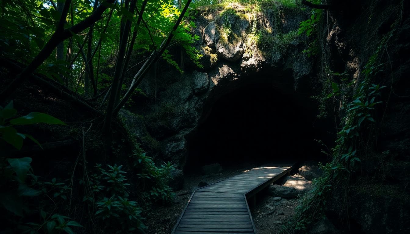 A mysterious cave entrance in a forested mountain area of Taiping, Taiwan, with a wooden boardwalk leading to the dark opening, surrounded by dense green trees and vines, sunlight piercing through the canopy.