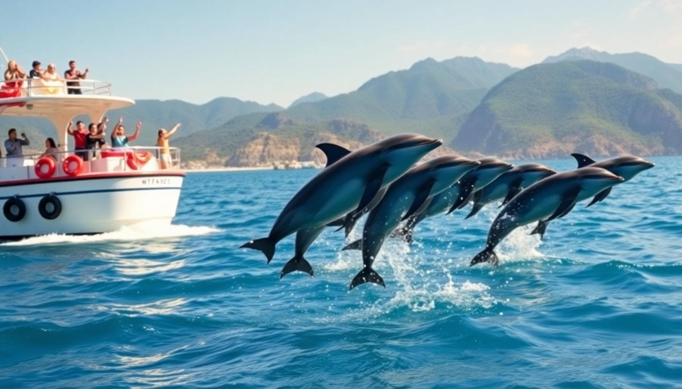 Whale watching in Taitung Chenggong Township with dolphins and a boat on the horizon