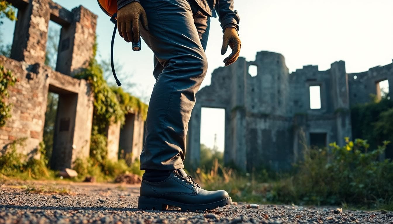 準備出發前的裝備與安全思維,AI生成圖片,描述為在台灣廢棄建築現場前準備的場景。