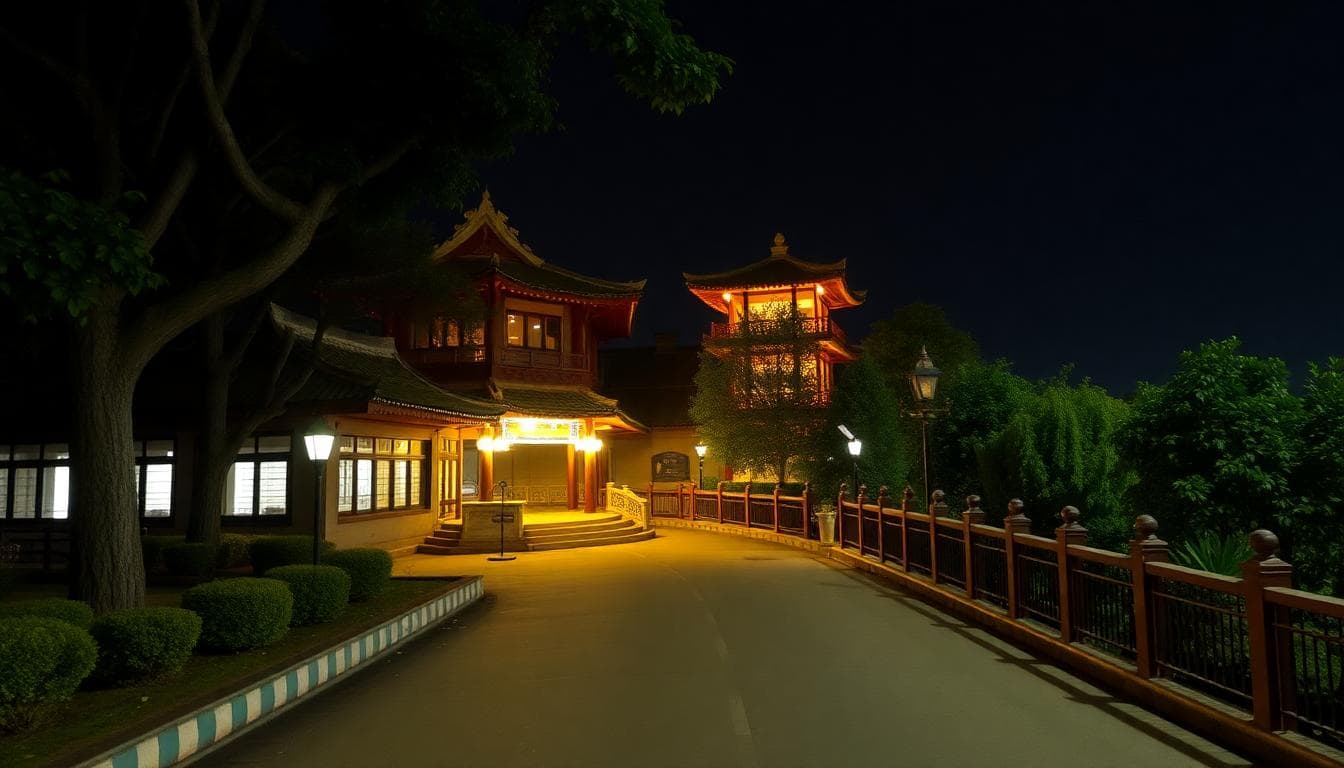 troupe-guided exploration at an abandoned site, safety gear visible, AI-generated.