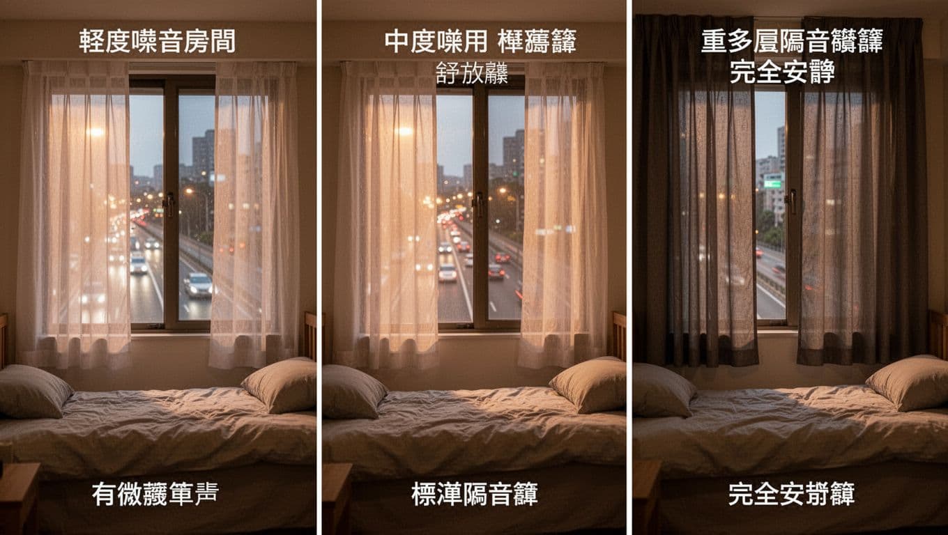 Three-panel realistic image of Taiwanese apartment bedrooms showing noise reduction effects: left with thin curtains for mild noise and serene vibe, middle with standard curtains for moderate noise and comfort, right with thick multi-layer curtains for complete quiet. Warm lighting, detailed foreground curtains, blurred road background, each panel features one window and bed.