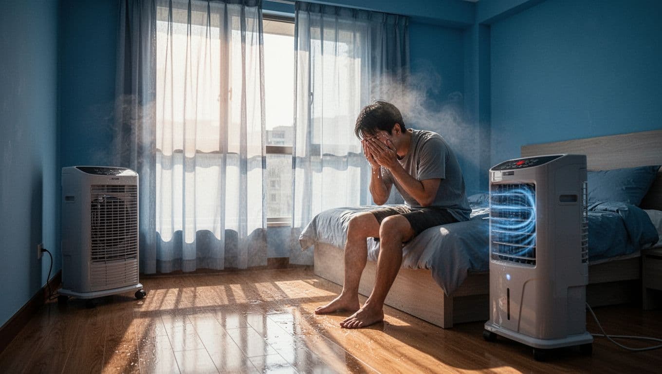 訂製窗簾報價很便宜,可能少了哪些項目 Strong midday sunlight streams through thin sheer curtains into a Taiwanese apartment bedroom, creating a stuffy hot atmosphere with a person sitting on the bed edge wiping sweat while the AC runs powerfully.