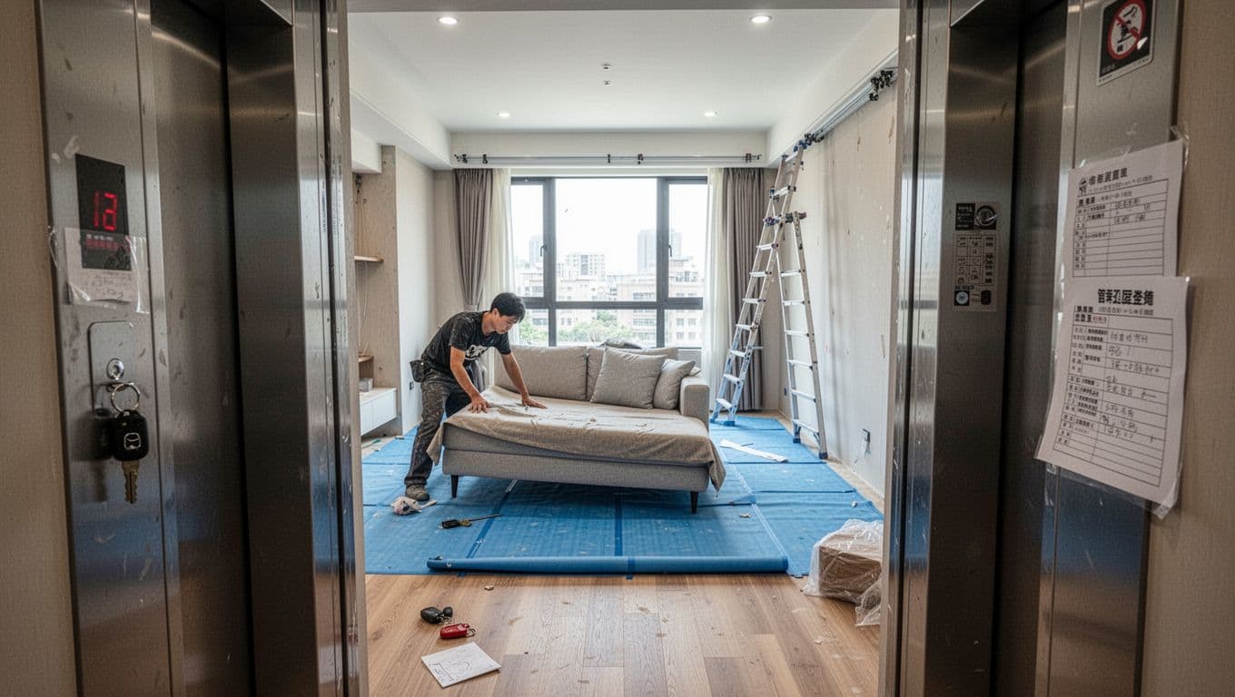 A single worker in a Taiwan modern residential construction site lays blue protective mats on wooden floors while moving a large sofa to expose window space for curtain track installation. Natural light fills the clean living room background, with a ladder ready nearby and narrow elevator highlighting space challenges.