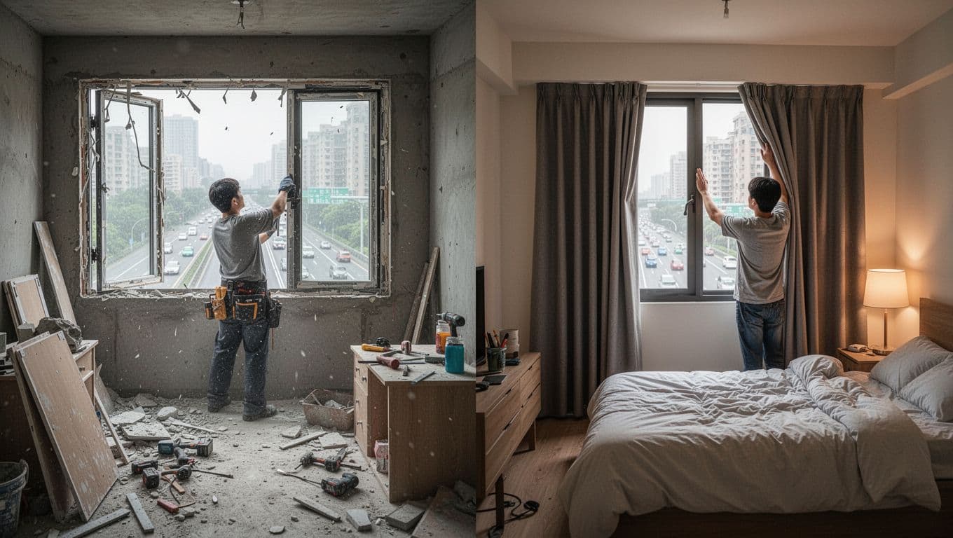 Split-view comparison of a Taiwan apartment room: left half depicts chaotic renovation with a worker installing soundproof windows amid dust and clutter; right half shows a young person easily hanging thick soundproof curtains for a tidy, serene space.