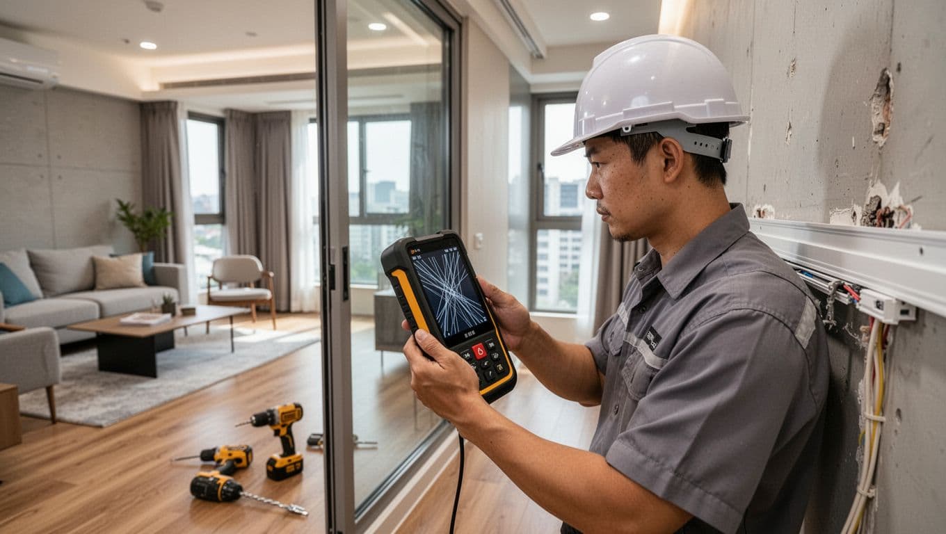 A craftsman wearing a safety helmet uses a pipeline detector to check the wall in a modern Taiwan apartment living room, avoiding electrical wires and AC drain pipes, with drilling tools and curtain tracks nearby.