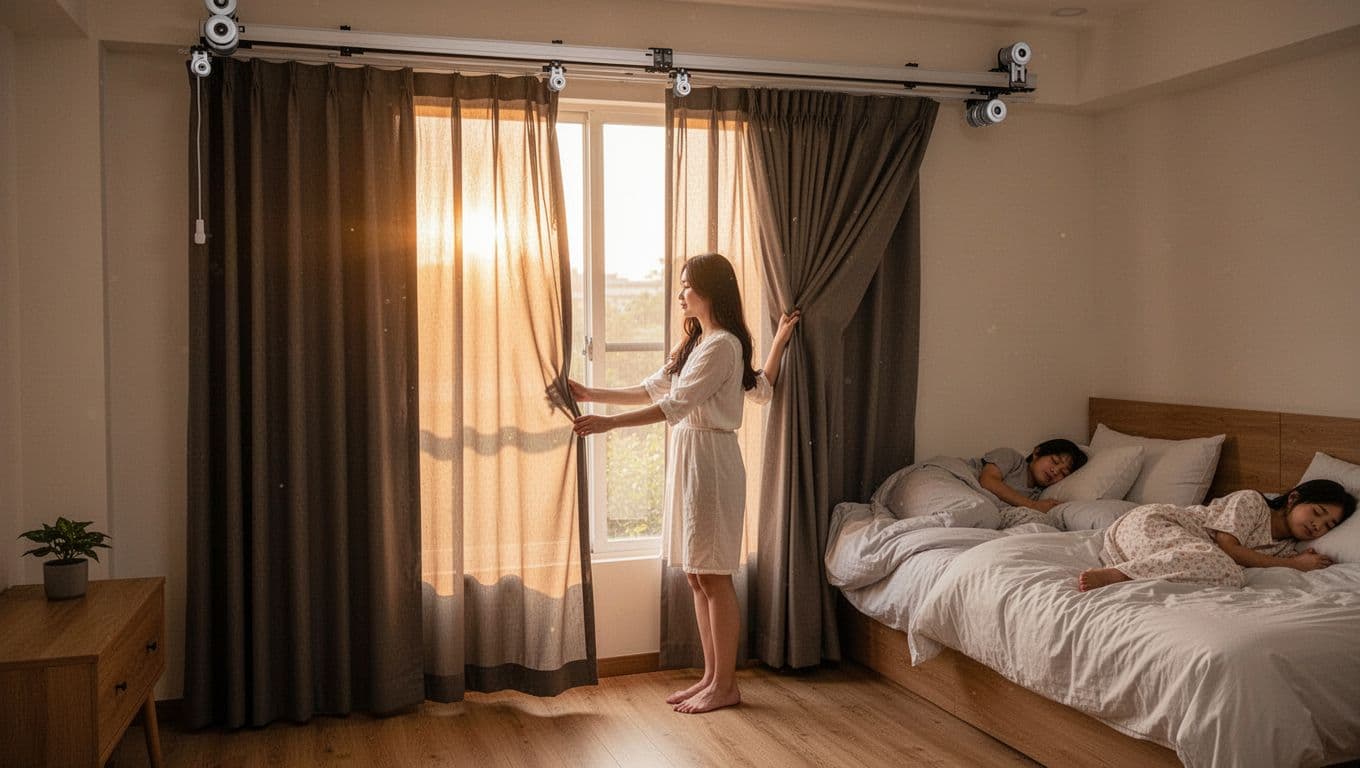 訂製窗簾一定要花錢的3大地方:布料、五金、安裝全解析 A young woman gently pulls blackout curtains on silent aluminum tracks and nylon pulleys in a cozy modern Taiwanese bedroom, with soft morning sunlight filtering in as family sleeps peacefully in the background.