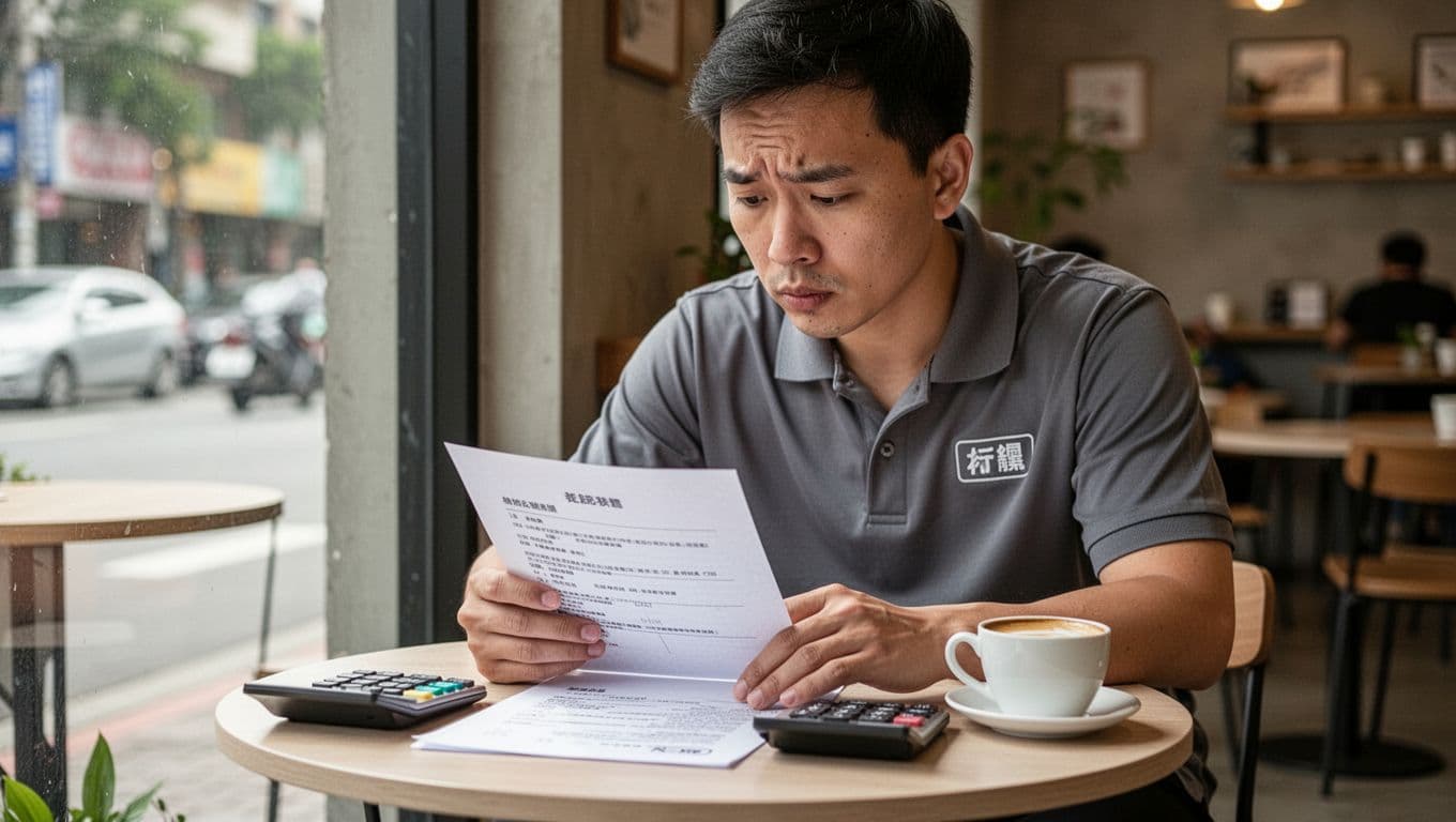 外送員受傷怎麼處理?第一時間該做這3件事 Photorealistic daytime scene in a Taiwan cafe featuring one food delivery rider in casual uniform sitting at a small table, examining a printed document with relaxed hands, alongside a calculator and coffee cup, showing careful thought and hesitation.