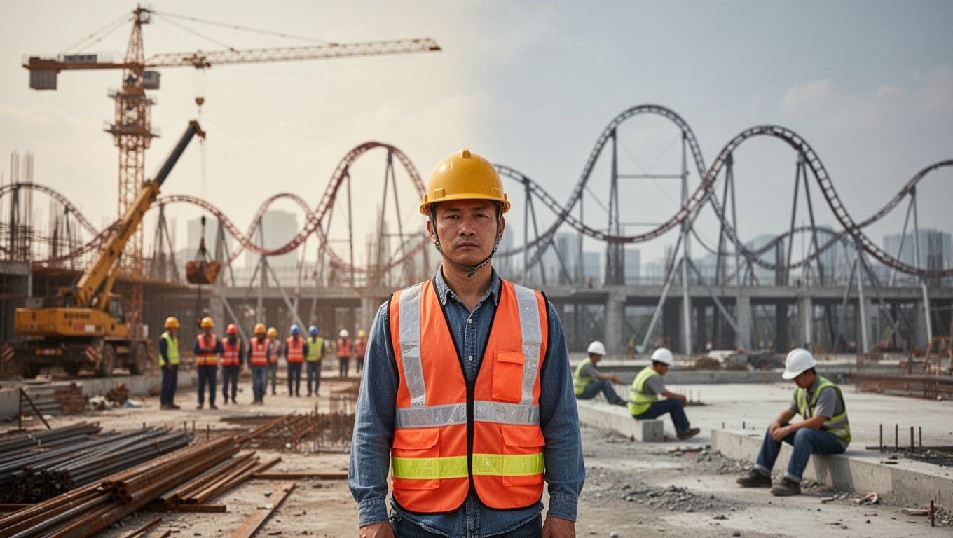 臨時工收入波動時 勞保投保薪資怎麼選才穩妥 Landscape image showing fluctuating incomes of Taiwan's temporary construction workers: busy foreground site with cranes and workers for peak season highs, idle background for off-season lows, overlaid with sharp rollercoaster tracks symbolizing salary volatility; vibrant colors for peak, gray for off-season.