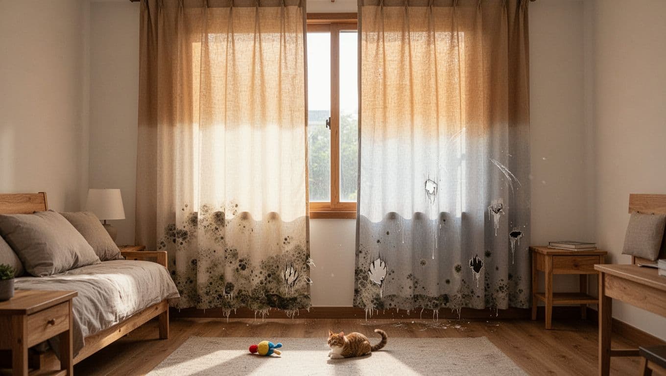 Photorealistic cozy apartment bedroom in Taiwan featuring a large window with custom curtains displaying warranty exclusion issues: sun-faded top, humidity mold at bottom, pet claw marks, and cleaning streaks. Includes simple bed, pillows, nightstand, morning light, one cat toy on floor, warm atmosphere, no people or pets visible.