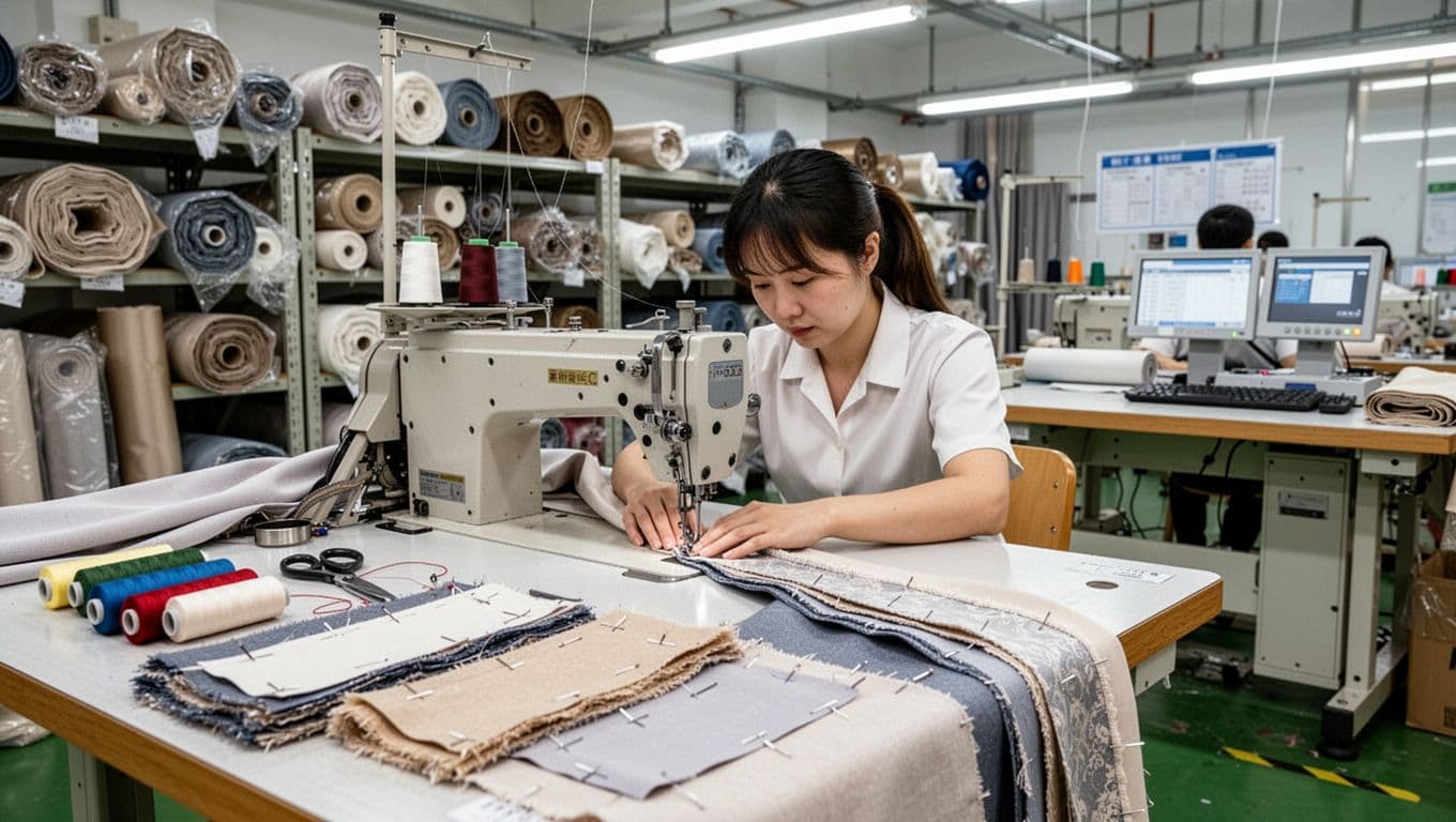 訂製窗簾店家怎麼選?10個指標讓你第一次就找對 Inside a clean, organized curtain factory workshop in Taiwan, a skilled seamstress works at a sewing machine on custom curtain panels with neatly pinned fabric layers, threads, and tools on the table, while the background features fabric rolls on shelves and a quality check station under bright industrial lighting.