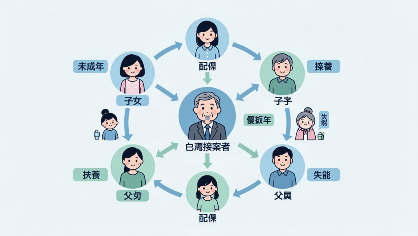 Central icon of deceased insured surrounded by spouse, children, and parents icons with labels for conditions like minor, dependent, disabled, and arrows showing priority order in flat blue-green illustration style.