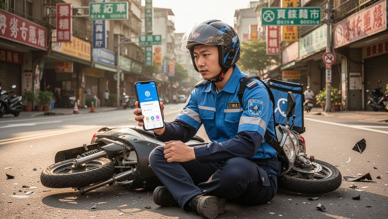 外送員受傷怎麼處理?第一時間該做這3件事 A photorealistic daytime urban street scene in Taiwan shows a food delivery rider in uniform sitting beside his fallen scooter, holding a smartphone displaying abstract app icons for emergency notification with a determined expression.