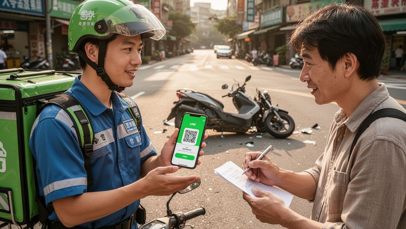 外送員受傷怎麼處理?第一時間該做這3件事 A photorealistic daytime urban street scene in Taiwan shows a food delivery rider in uniform politely interacting with a single bystander near a scooter accident site. The rider displays a LINE QR code on his smartphone as the witness nods and prepares a note, with relaxed hands in focus and the fallen scooter subtly in the background.