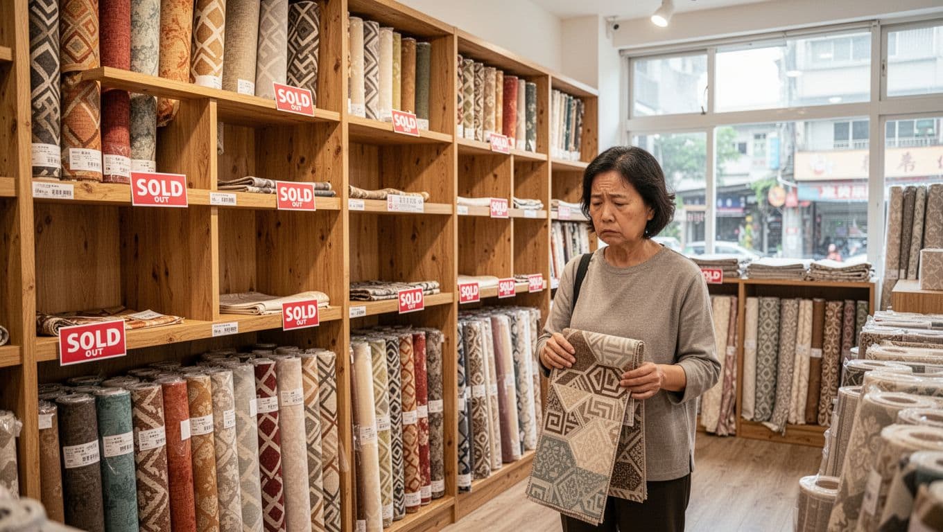Bright interior of a Taiwanese fabric store with wooden shelves stocked with colorful curtain fabrics in earth tones and geometric patterns, some shelves showing red sold-out signs and empty spots. A single disappointed shopper stands in the foreground holding a fabric swatch, bathed in soft natural light from large windows.