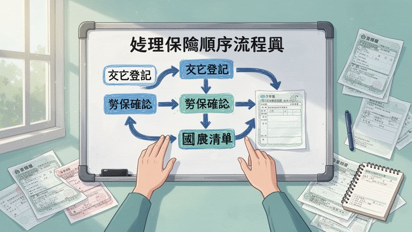 A Taiwanese family member draws a sequential flowchart on a home whiteboard for handling insurance after death, from registration to labor and national insurance confirmations, surrounded by scattered policy documents and notebooks in a bright, flat illustration style with blue-green tones.