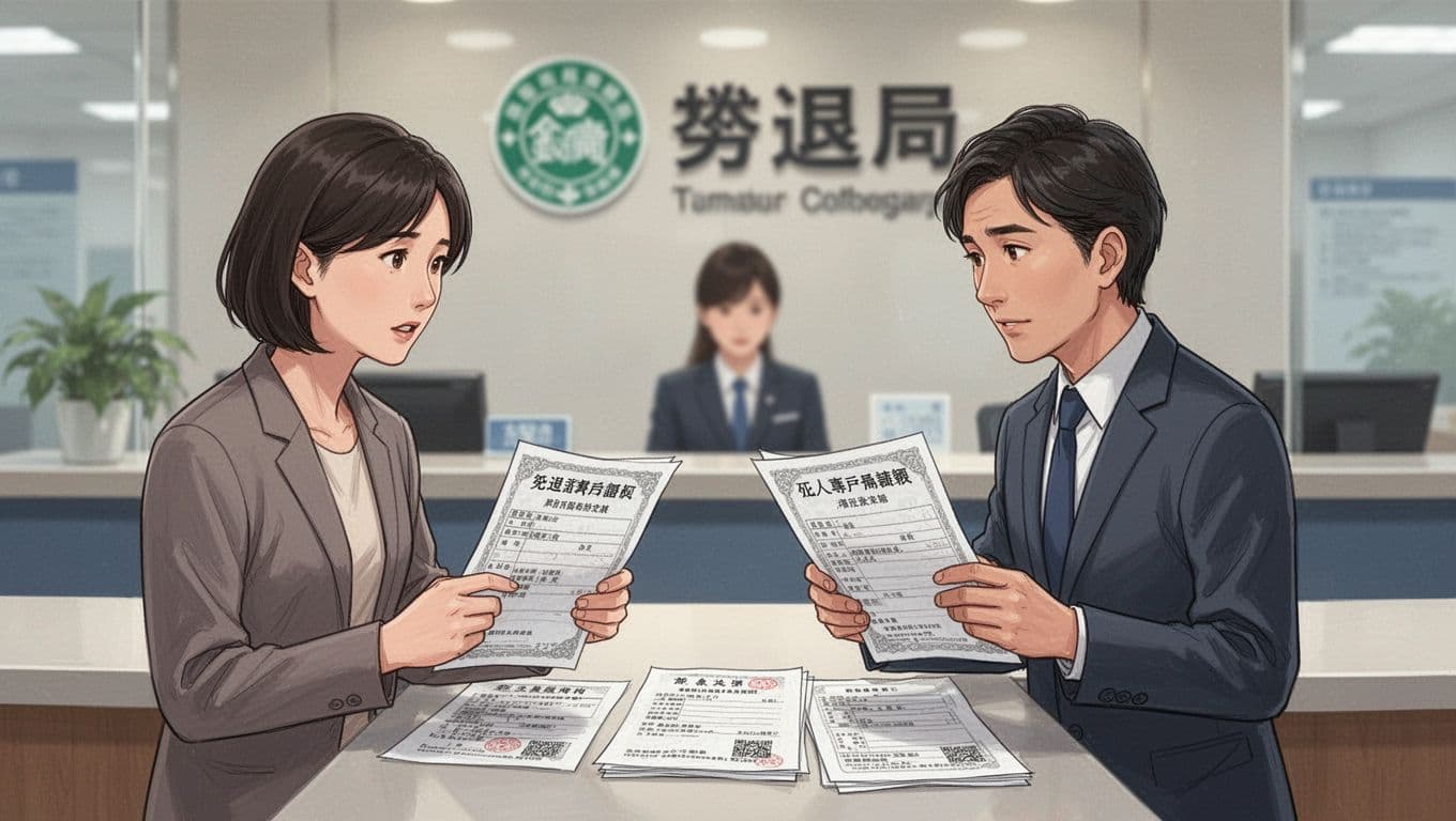 A Taiwanese family member at a bank counter inquires about a deceased relative's labor pension personal account balance, with death certificate, household registration, and inheritance documents on the table, blurred bank staff in background, realistic illustration style under soft lighting.
