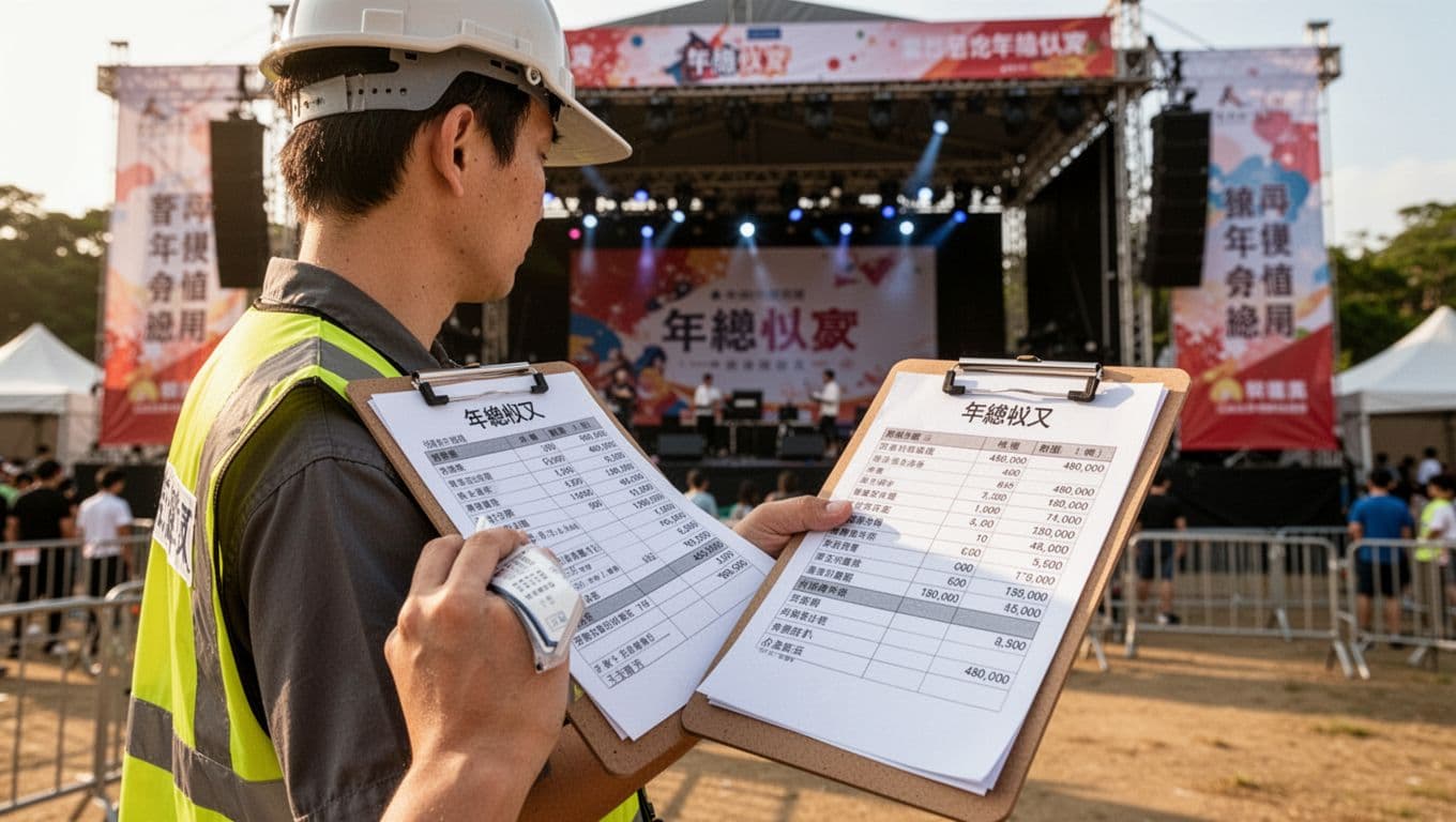 臨時工收入波動時 勞保投保薪資怎麼選才穩妥 A freelance event worker in Taiwan during peak season at an outdoor event setup reviews their annual income totaling 480,000 (40,000 monthly average) on a clipboard with pay records.