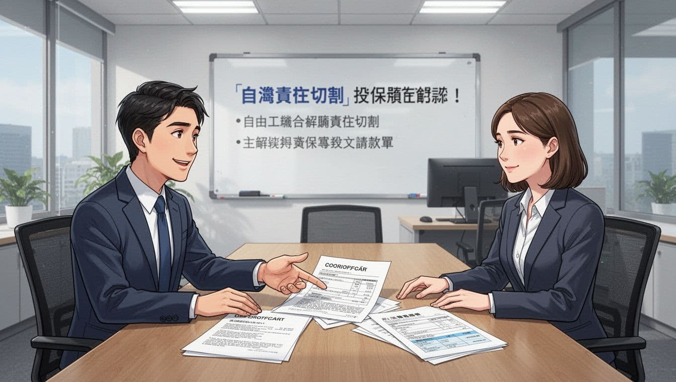 先搞懂為什麼「工會加保」容易被誤會成「人頭加保」 In a modern Taiwanese office meeting room, a confident freelancer explains insurance responsibility separation to a relieved client, pointing to contracts, invoices, and payment documents on the table amid a professional atmosphere with whiteboard and computer in the background.