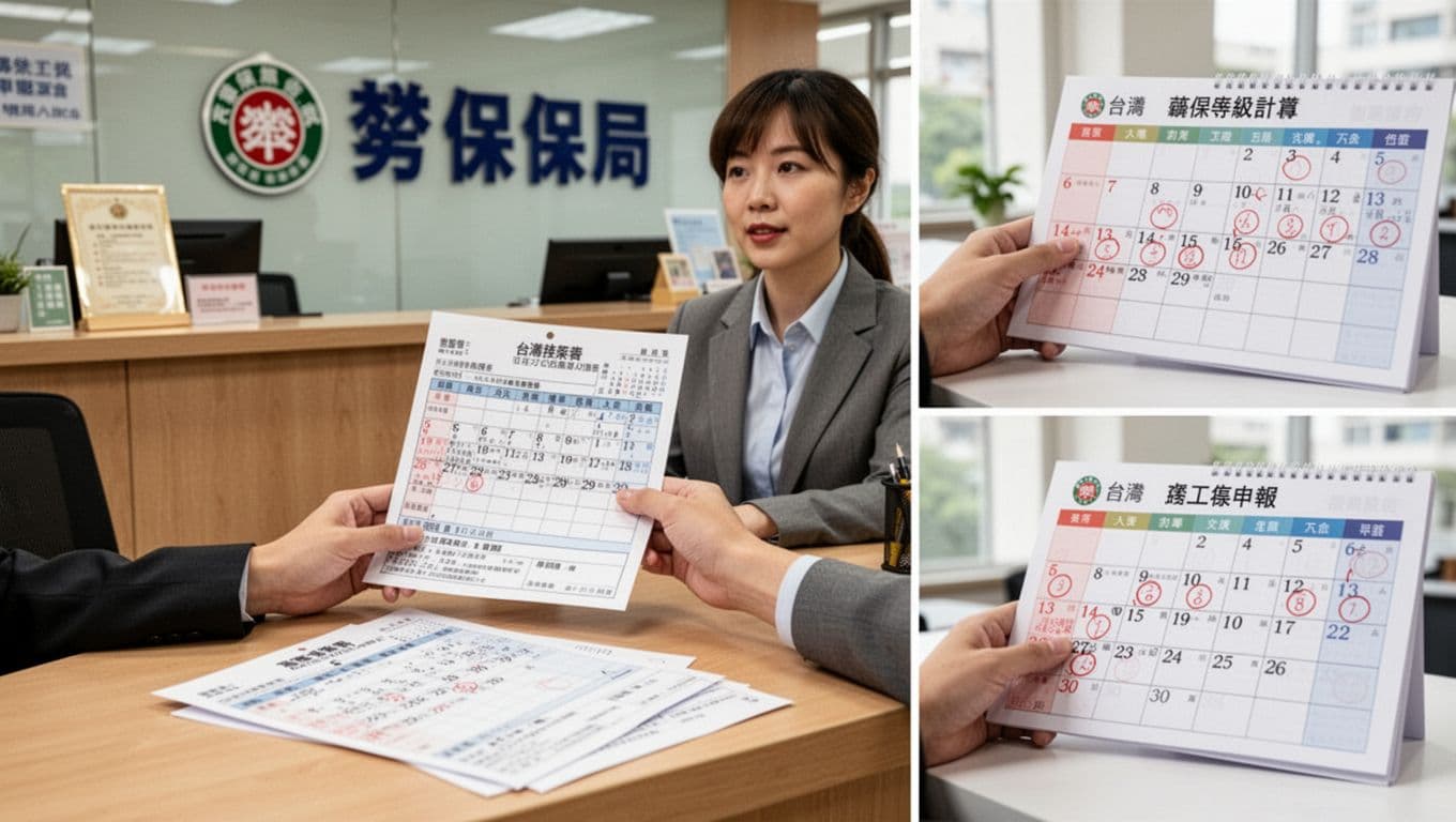 接案者如何用月曆規畫法避免勞保空窗,確保投保連續 A Taiwanese freelancer at a Labor Insurance Bureau counter, reviewing payroll and submitting insurance declarations.