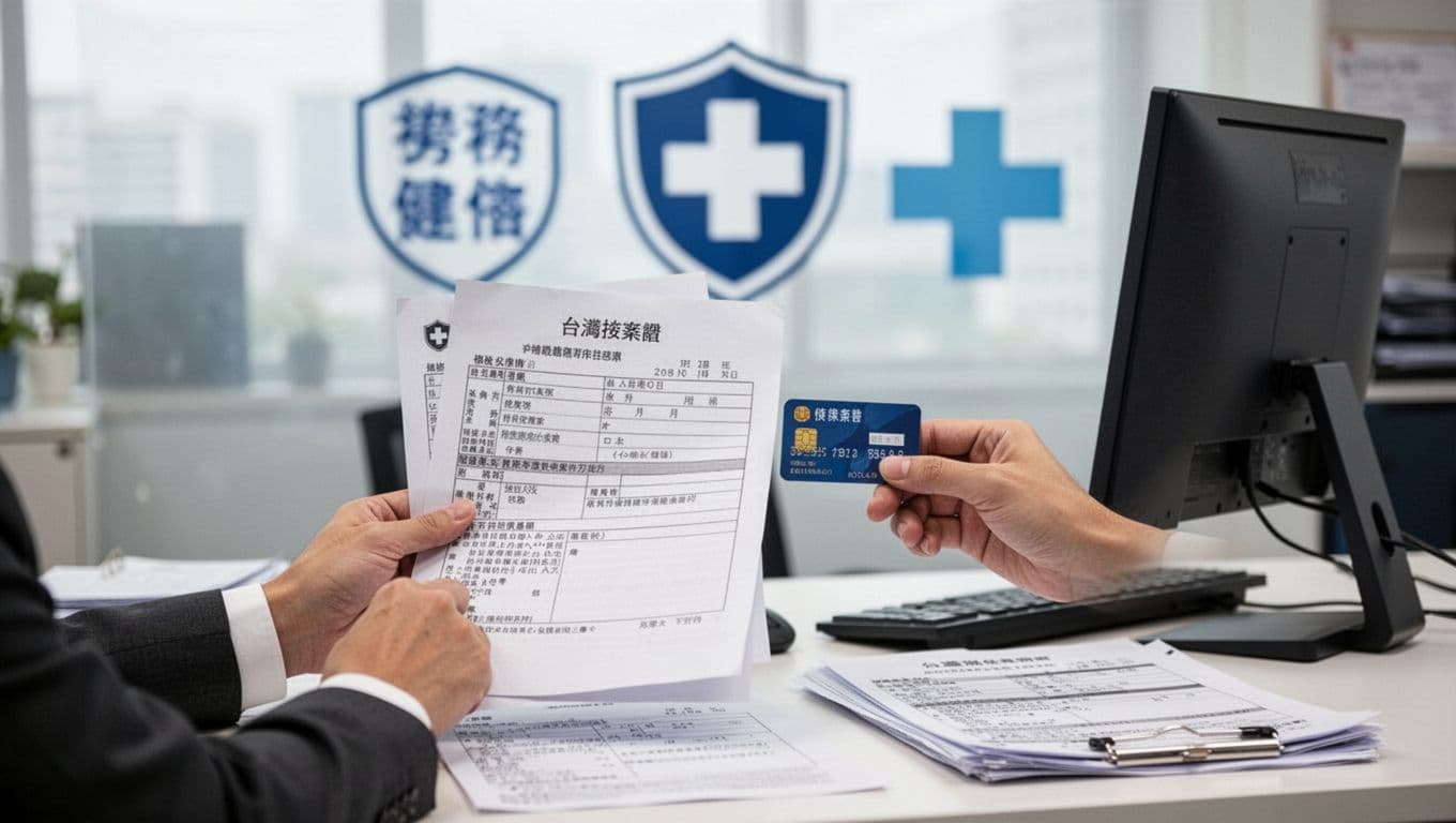 接案者買房必讀:勞保投保薪資如何影響貸款額度與退休金 A Taiwanese freelancer sits at a desk with documents, a calculator, and insurance papers nearby. Blurred background shows Taiwan labor and health insurance symbols, conveying trust and professionalism.