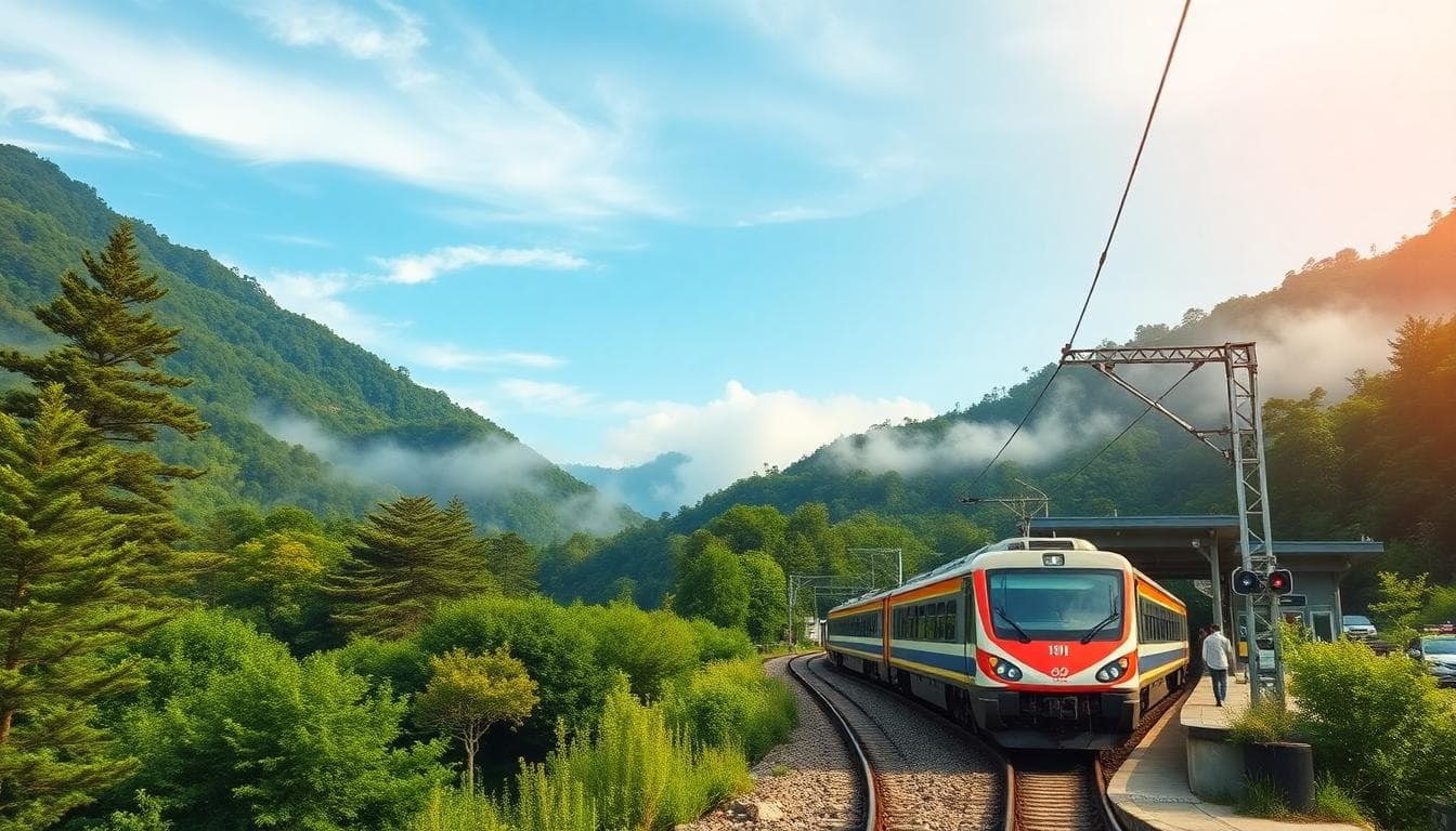 Taiwan summer transport scene with train approaching mountain station