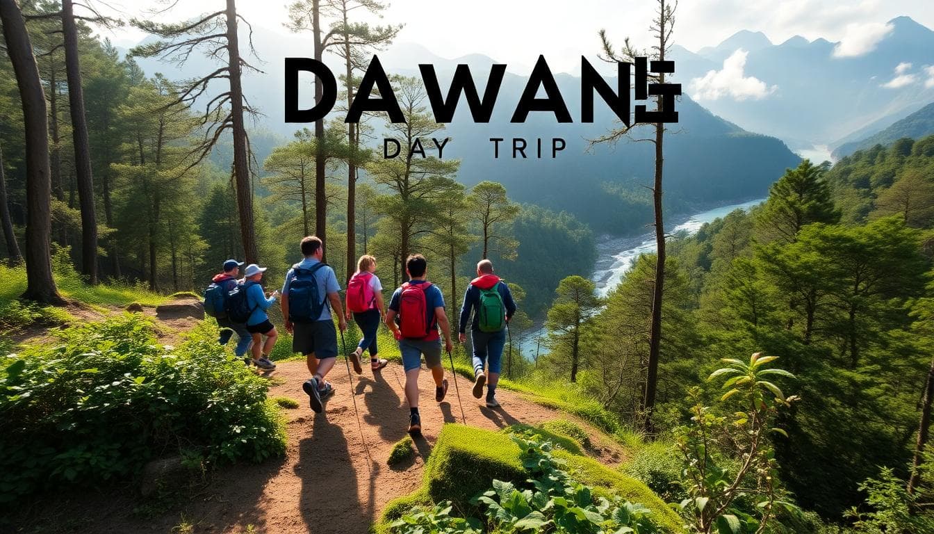 A dynamic scene of adventure activities in Taiwan for a day trip: hikers crossing a forested trail with mountains and a river in the background, sunlight filtering through trees, evoking excitement and natural beauty. Foreground shows people in outdoor gear walking energetically. Background includes misty peaks and flowing water. Style: realistic photography, vibrant colors, adventurous mood. No text or watermarks.