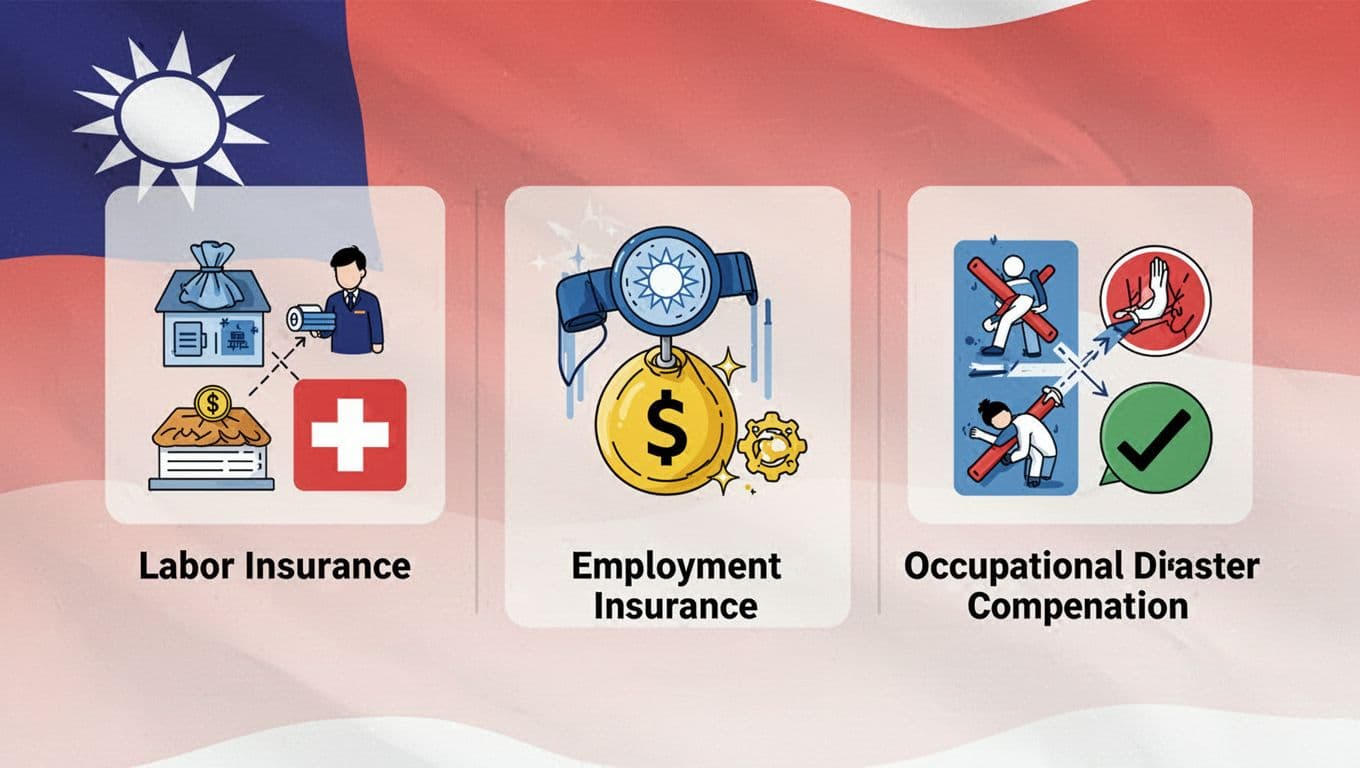 Side-by-side flat design illustration comparing three Taiwanese insurance types: labor insurance with retirement and medical symbols, employment insurance with unemployment payout, and occupational disaster insurance with injury compensation. Clean vibrant icons on subtle Taiwanese flag background, no text or people.