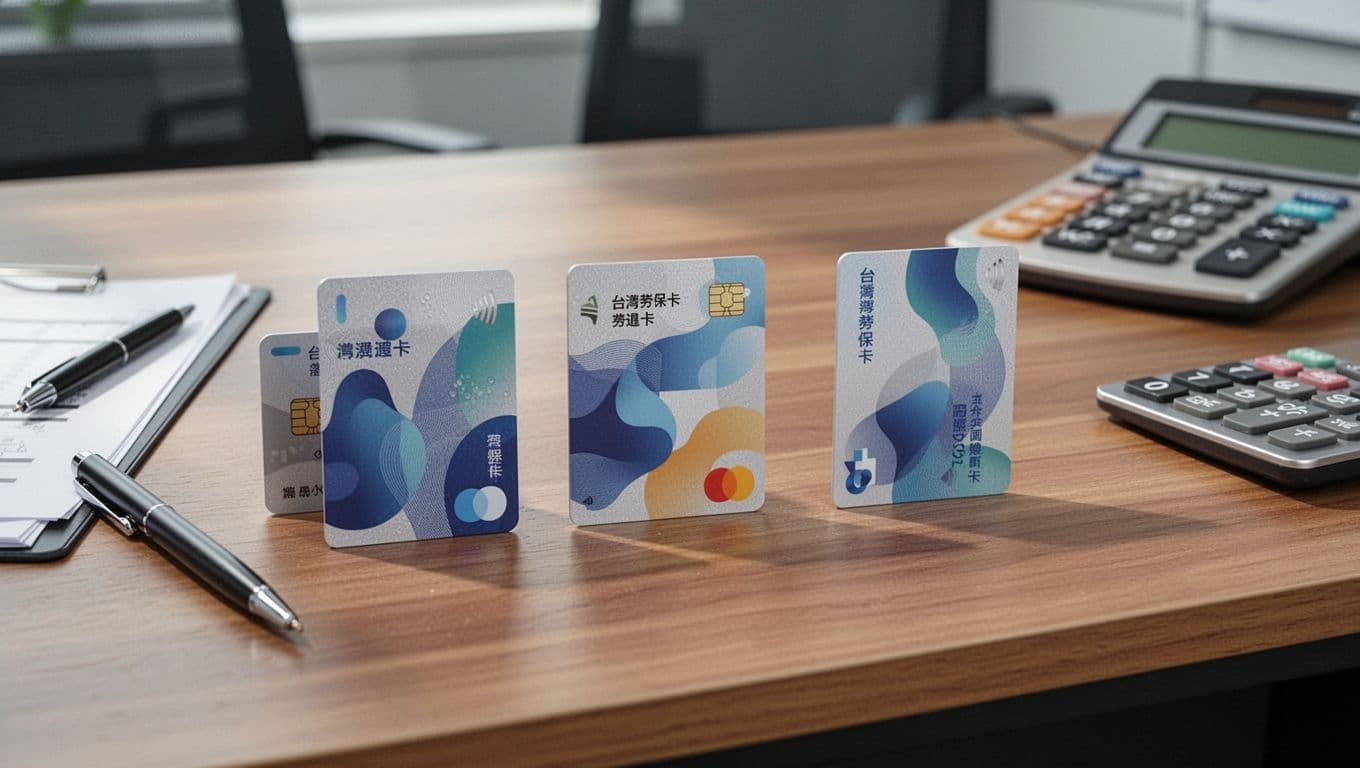 看到「超便宜工會加保」廣告要小心什麼?破解資格、費用與風險迷思 Three Taiwan labor insurance, health insurance, and labor retirement cards with abstract designs are neatly arranged side by side on a wooden office desk, next to a pen and calculator, in a bright professional office environment with natural light.