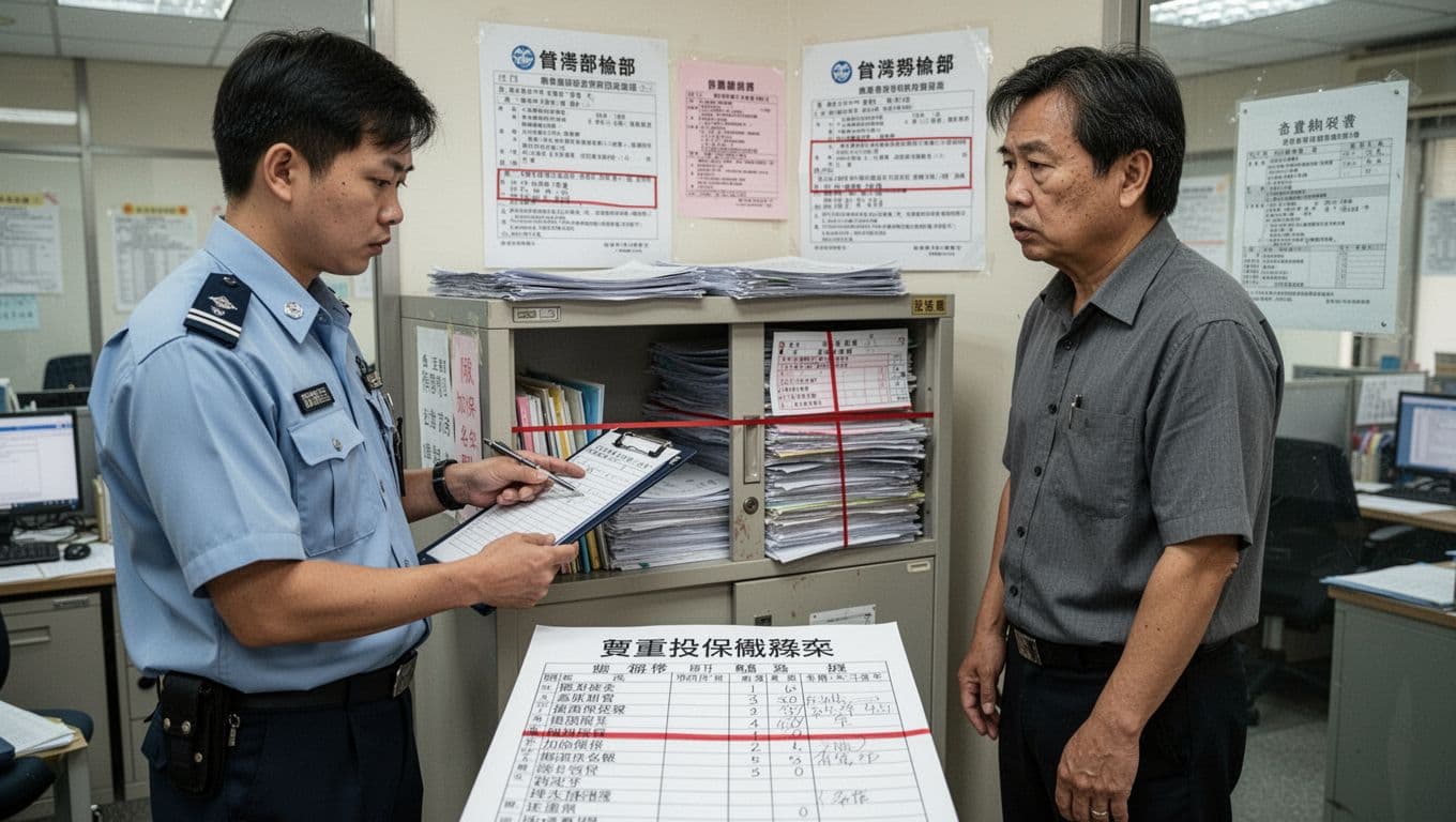如何選低風險工會加保?三大風險比較一次看 Taiwan Labor Department inspector in uniform holds a notebook while checking a union office file cabinet, revealing a fake insurance enrollment list marked in red. Nervous union head stands nearby with background notices, fines, and stacked premium recovery documents in a bright public office.
