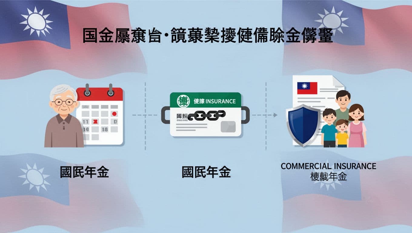 工會退保後勞保空窗怎麼補?4種可行選項完整整理 Clean flat design landscape infographic displaying three icons: national pension with elderly person and calendar, health insurance as unbroken chain, and commercial insurance with shield and family, on light blue background with subtle Taiwan flag elements.