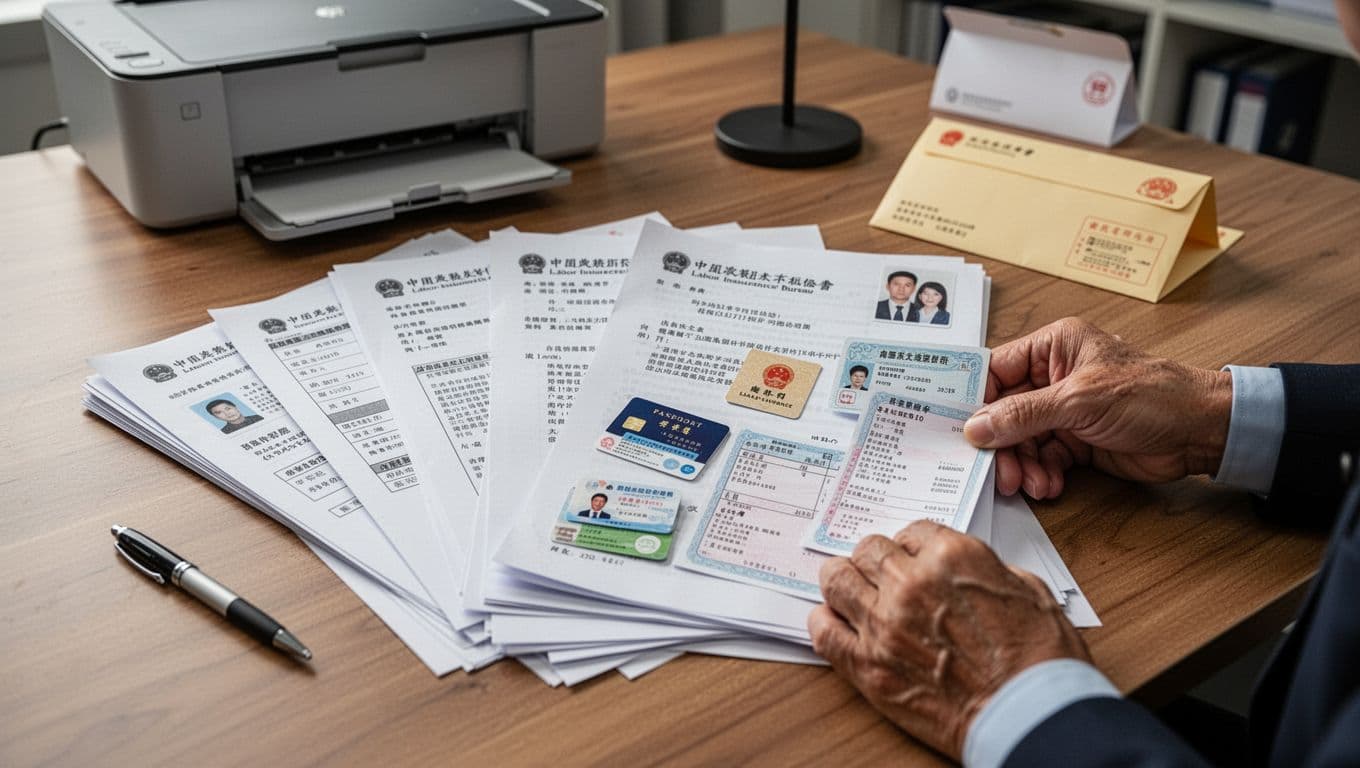 勞保局查核來信長什麼樣?收到後怎麼做完整指南 Realistic close-up of a middle-aged Taiwanese office worker's hands neatly organizing ten essential documents for Labor Insurance Bureau audit on a wooden home desk, with a pen nearby and blurred printer in background.